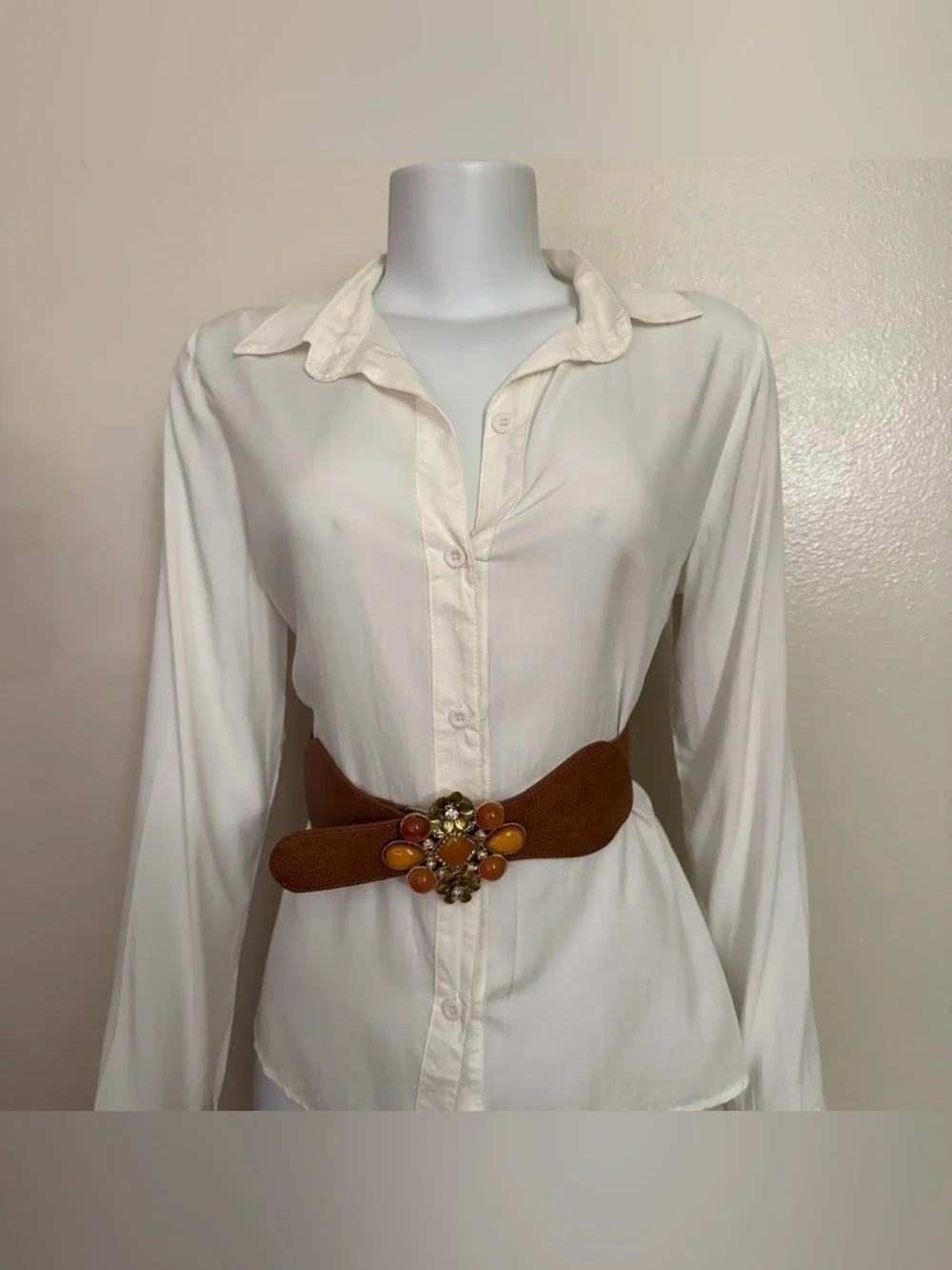 Brown PU leather elastic waistband belt with gold tone buckle